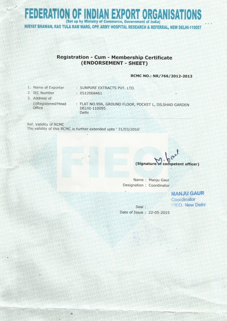 FEDERATION OF INDIAN EXPORT ORGANISATIONS CERTIFICATE